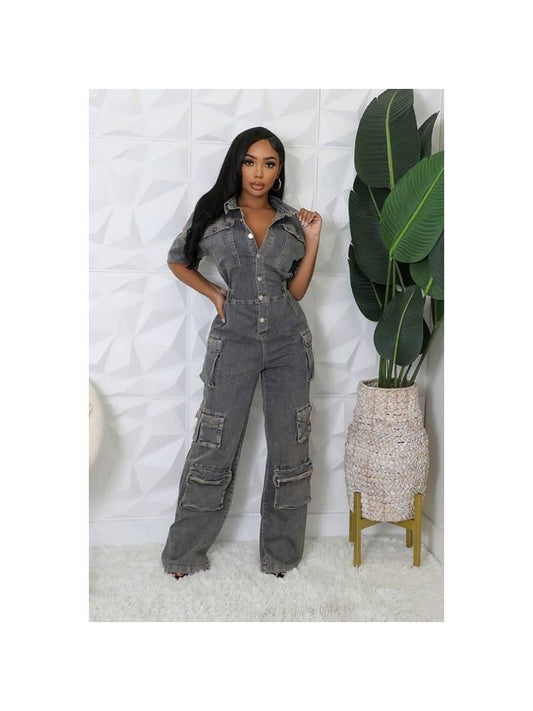 Button up denim jumpsuit