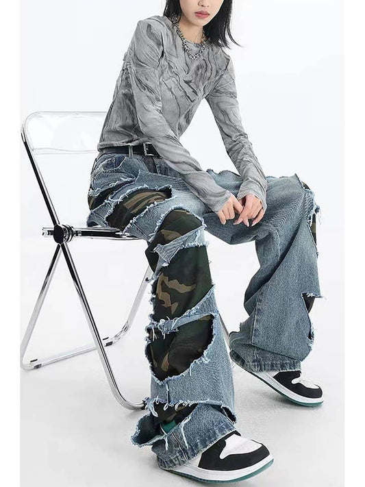 Distressed denim camo pants